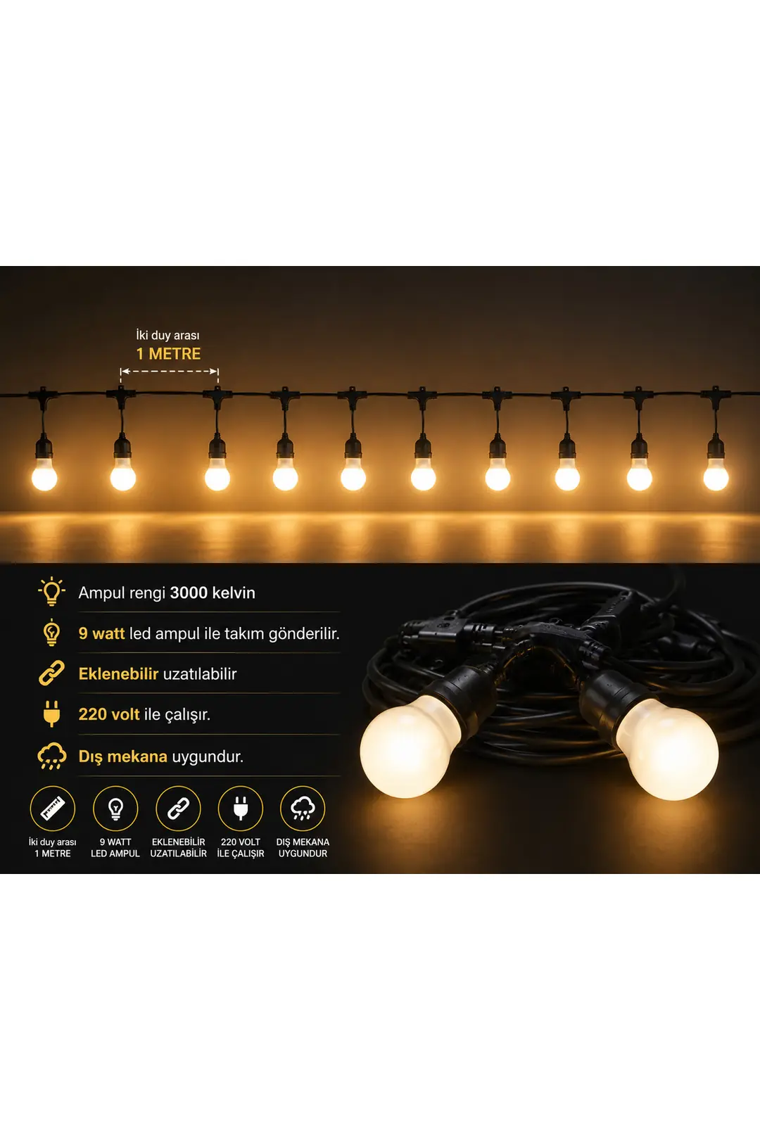 10 METRE 10 DUY 9 WATT GÜNIŞIĞI LED AMPULLÜ TAKIM ORGANİZASYON DÜĞÜN NİŞAN ZİNCİR AYDINLATMA SETİ