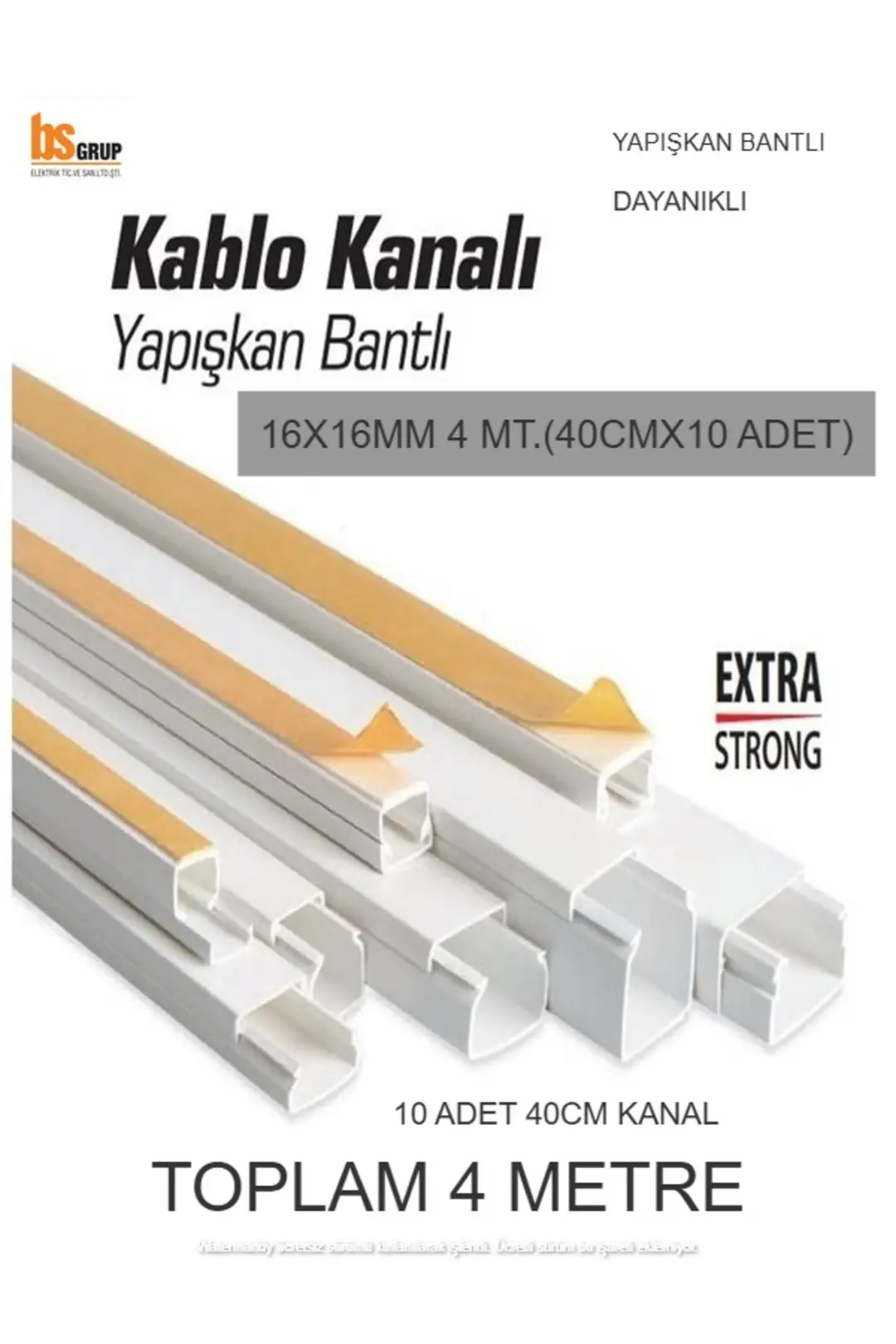 4 Metre (16x16mm) Kendinden Yapışkanlı Kablo Kanalı | 4m (10 Adet x 40cm) Kablo Gizleyici