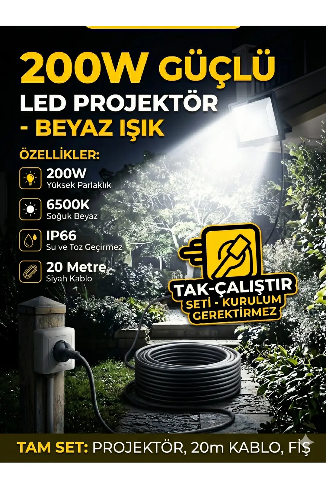 20 Mt Kablolu 200 Watt Seyyar Led Projektör Aydınlatma. Seyyar Aydınlarma Su Geçirmez Dış Mekan IP66,BEYAZ Çok güçlü Işık