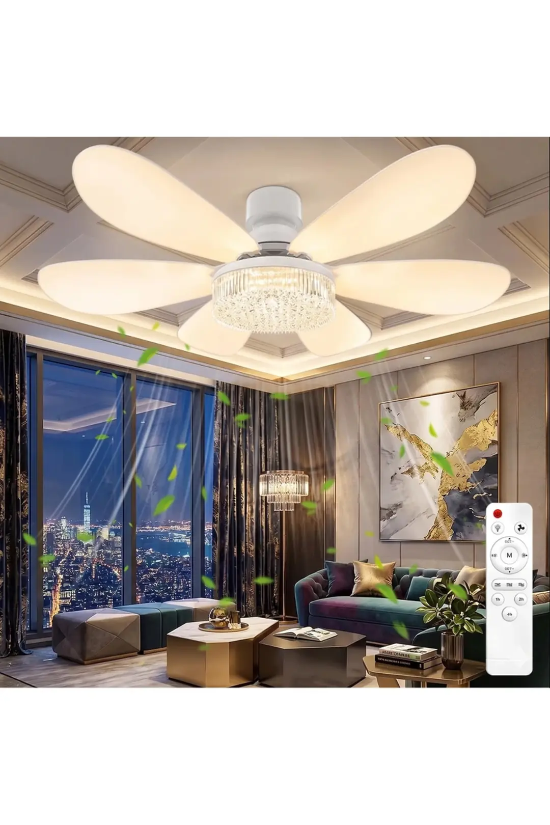 3 Renkli Kristal LED Lambalı Tavan Vantilatörü 6 Kanatlı Uzaktan Kumandalı Avize E27 Duylu Vantilatörlü Lamba