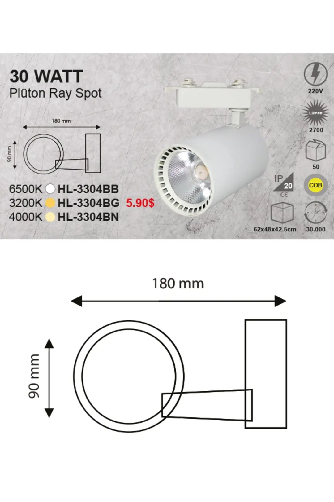 3 Adet 30w Led Beyaz Ray Spot Lamba 1 Metre Raylı Mağaza Ve Vitrin Armatürü Beyaz Kasa Beyaz Işık