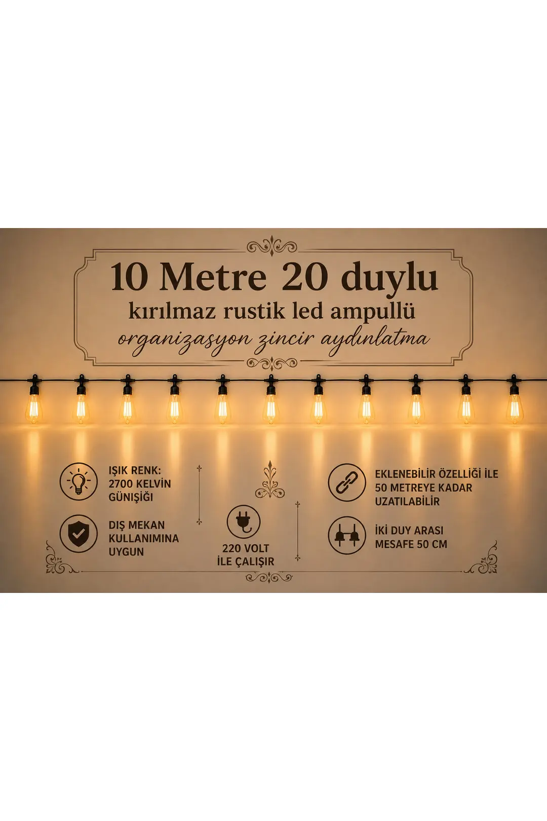 10 Metre 20 Duylu Rustik Kırılmaz Ampullü Eklenebilir Organizasyon Bahçe Ve Dış Mekan Aydınlatma