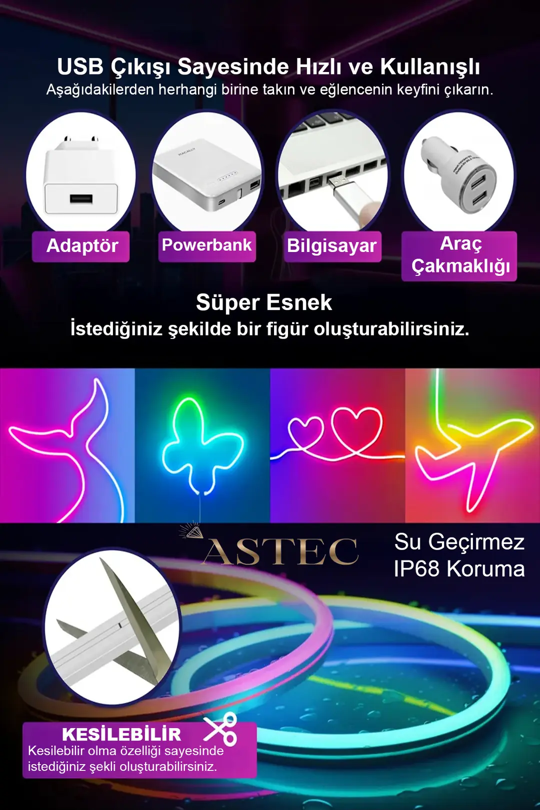 Sese Duyarlı 12V Neon RGB USB Girişli LED 5 Metre Kumanda/Telefon Kontrol Parti Işık