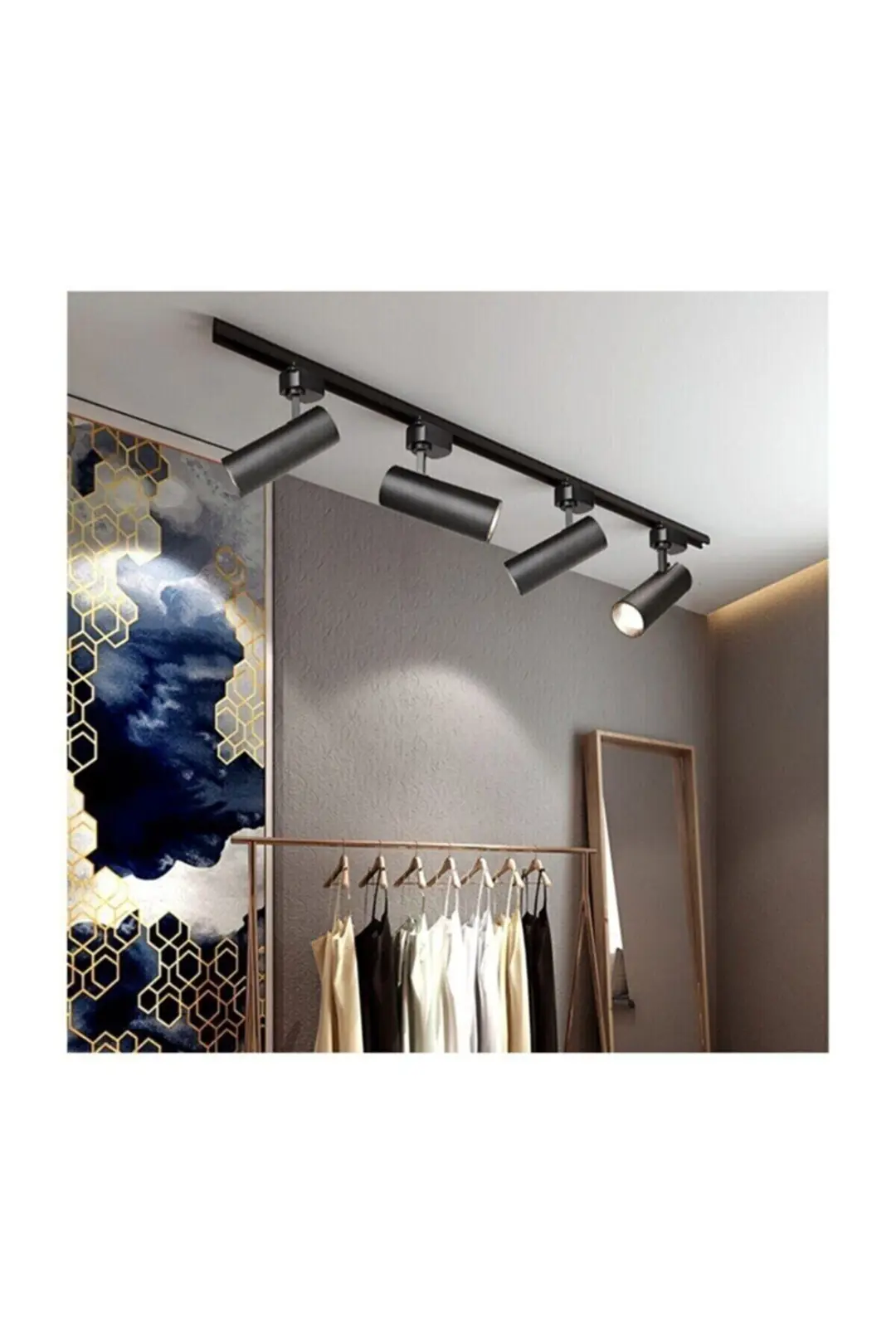 Siyah Kasa Ve günışığı 4 Adet 360 Derece Dönen Led Ray Spot Lamba 1 Metre Raylı Armatür