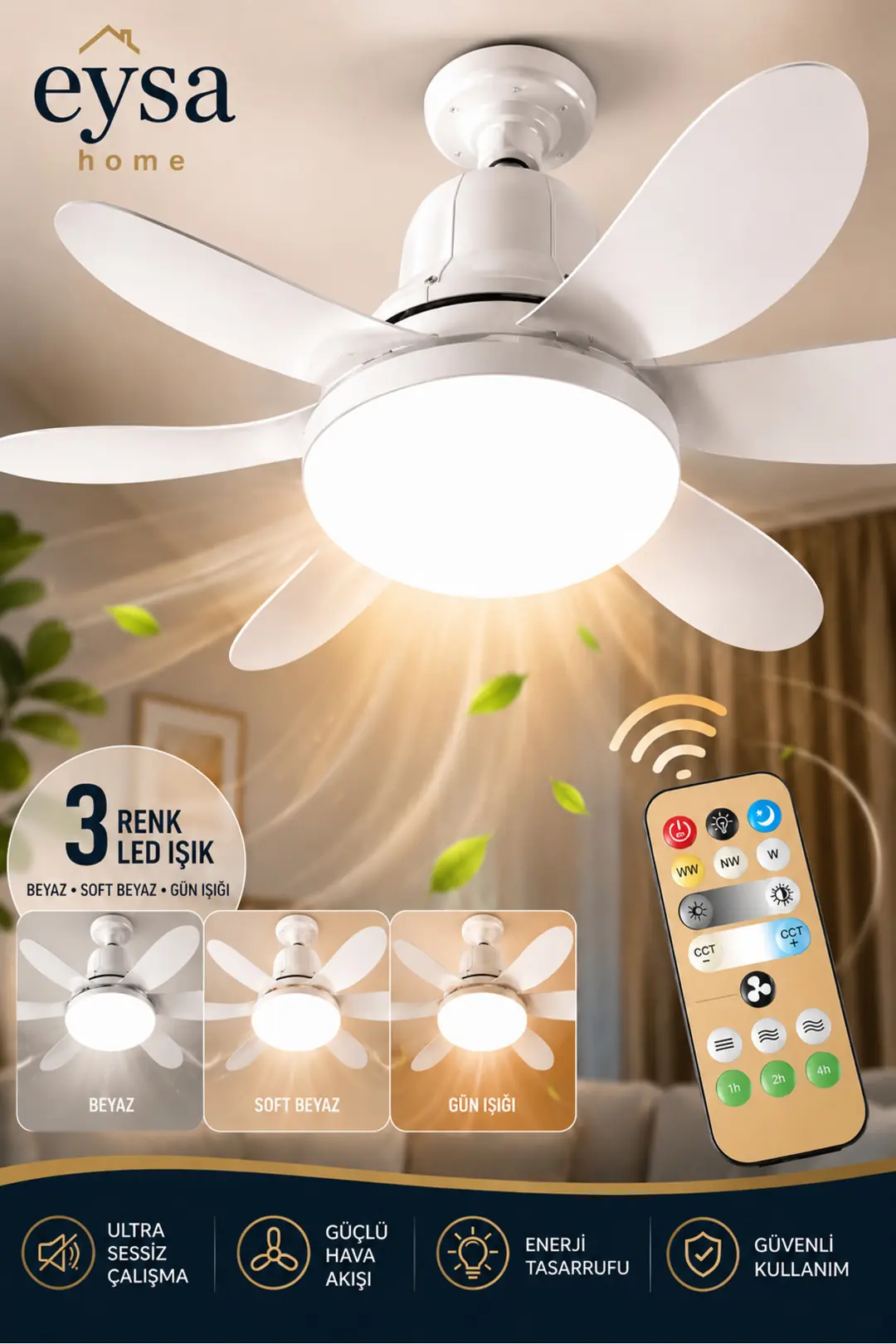 6 Kanatlı Işıklı Sessiz Çalışma Tavan Tip Vantilatör 52 cm