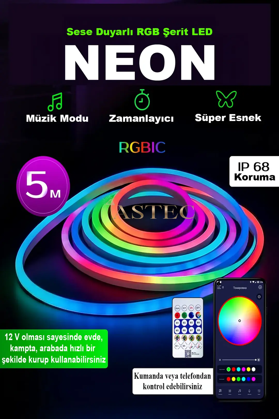 Sese Duyarlı 12V Neon RGB USB Girişli LED 5 Metre Kumanda/Telefon Kontrol Parti Işık
