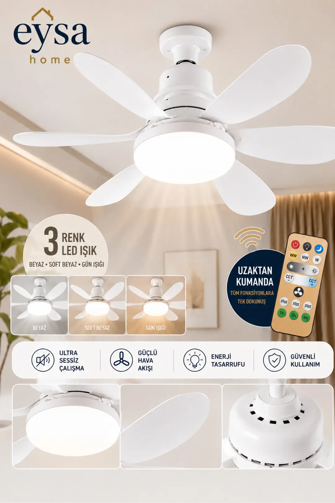 6 Kanatlı Işıklı Sessiz Çalışma Tavan Tip Vantilatör 52 cm