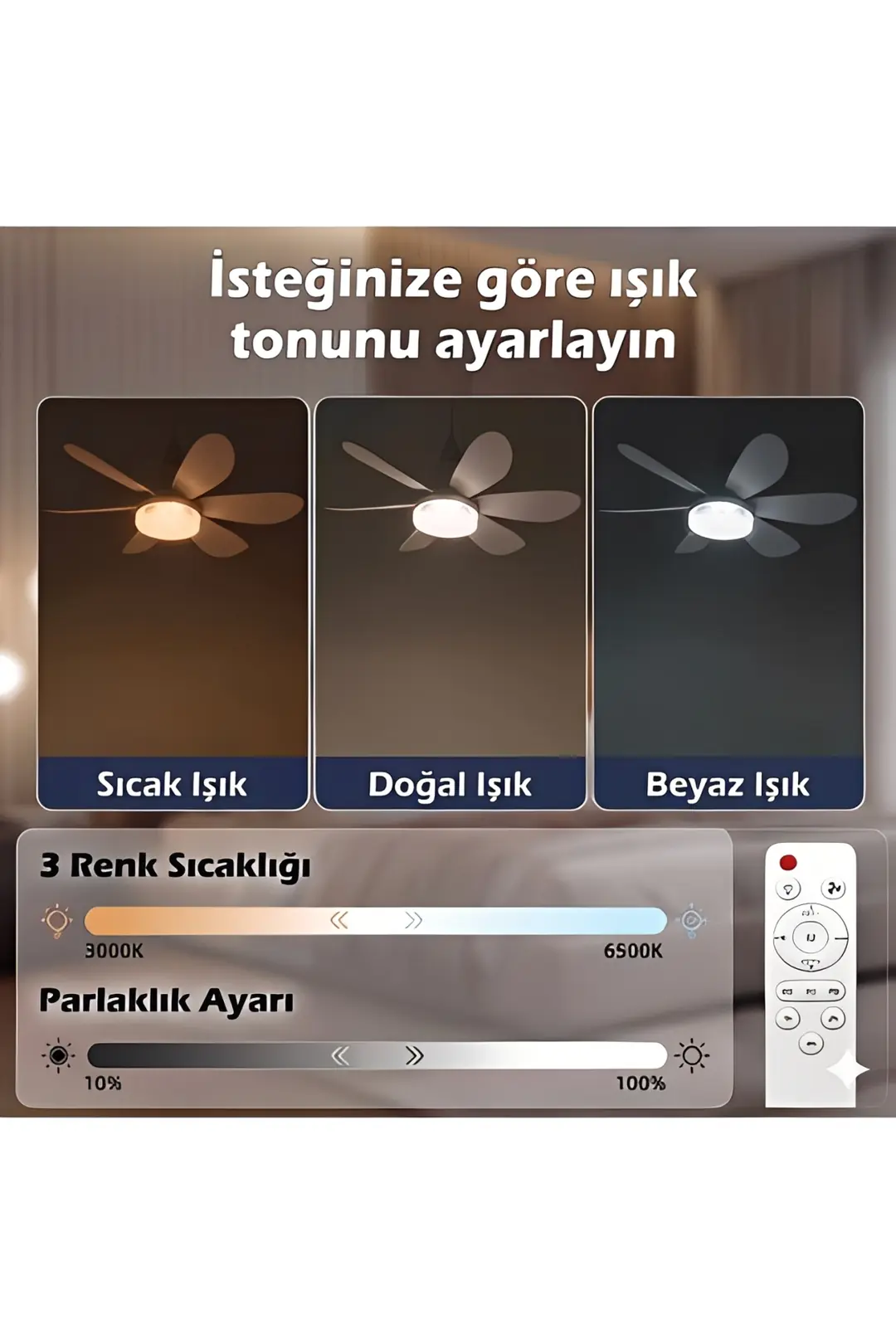 K2 40 WATT3 Renklil LED Lambalı Tavan Vantilatörü 6 Kanatlı Uzaktan Kumandalı Avize E27 Duylu Vantilatörlü