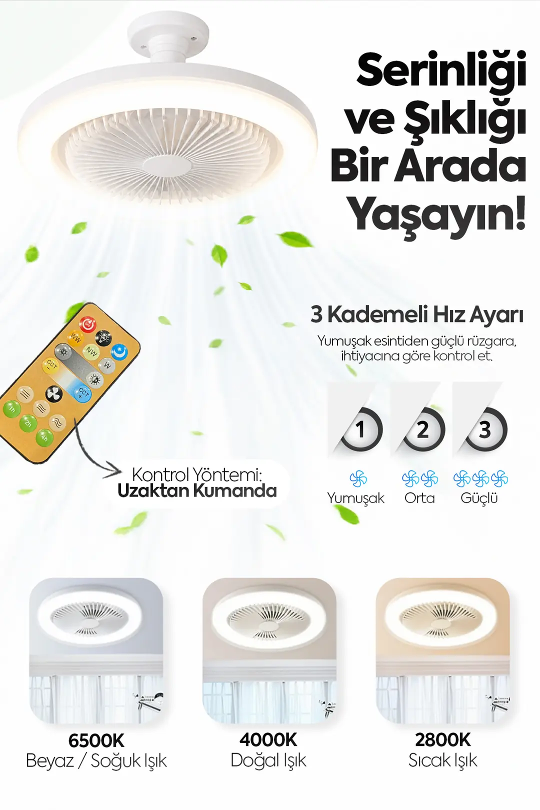 Pervaneli 3 Kademeli Led Lambalı Fan Tavan Vantilatörü Işık Ve Hız Ayarı Kumandalı Tavan Fan