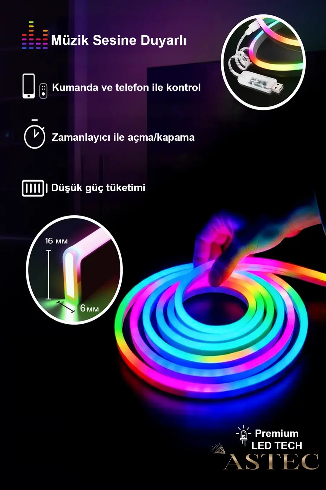 Sese Duyarlı 12V Neon RGB USB Girişli LED 5 Metre Kumanda/Telefon Kontrol Parti Işık