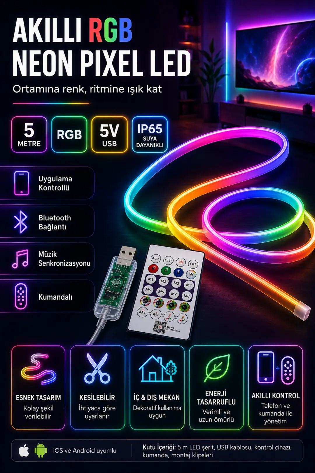 5 Metre RGB Pixel Neon LED Seti – Uygulama ve Kumanda Kontrollü, Müzik Senkronizasyonlu, 5V USB, IP65
