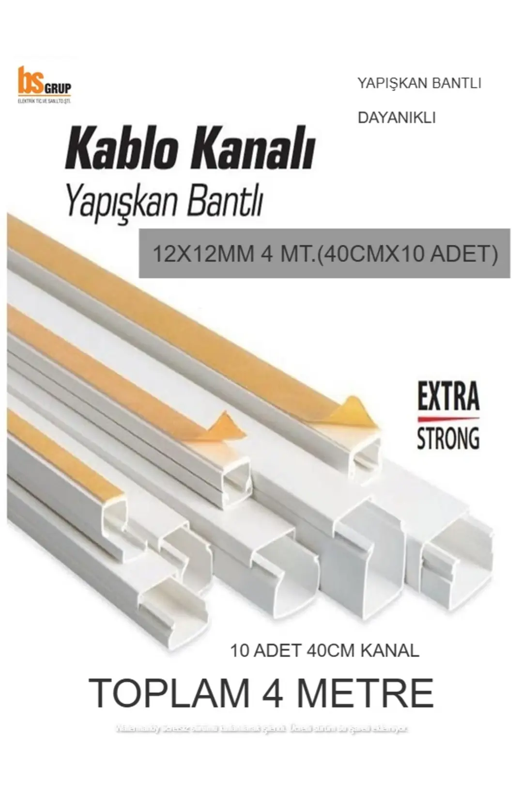 4 Metre (12x12mm) Kendinden Yapışkanlı Kablo Kanalı | 4m (10 Adet x 40cm) Kablo Gizleyici