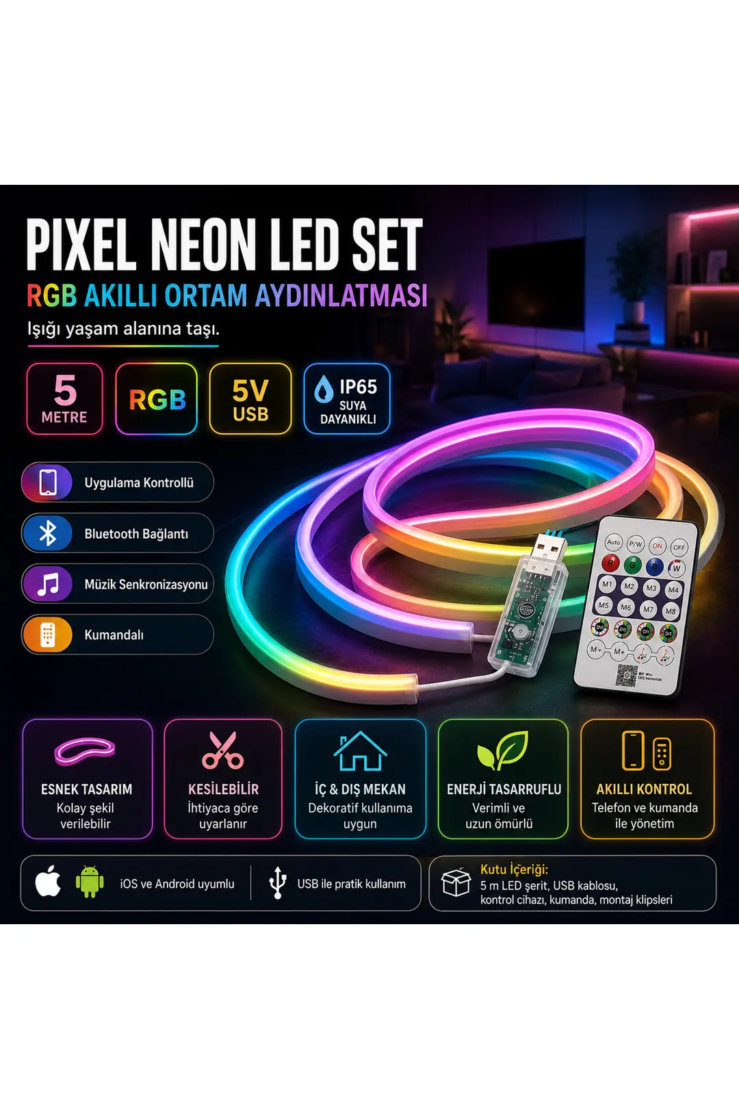 5 Metre RGB Pixel Neon LED Seti – Uygulama ve Kumanda Kontrollü, Müzik Senkronizasyonlu, 5V USB, IP65