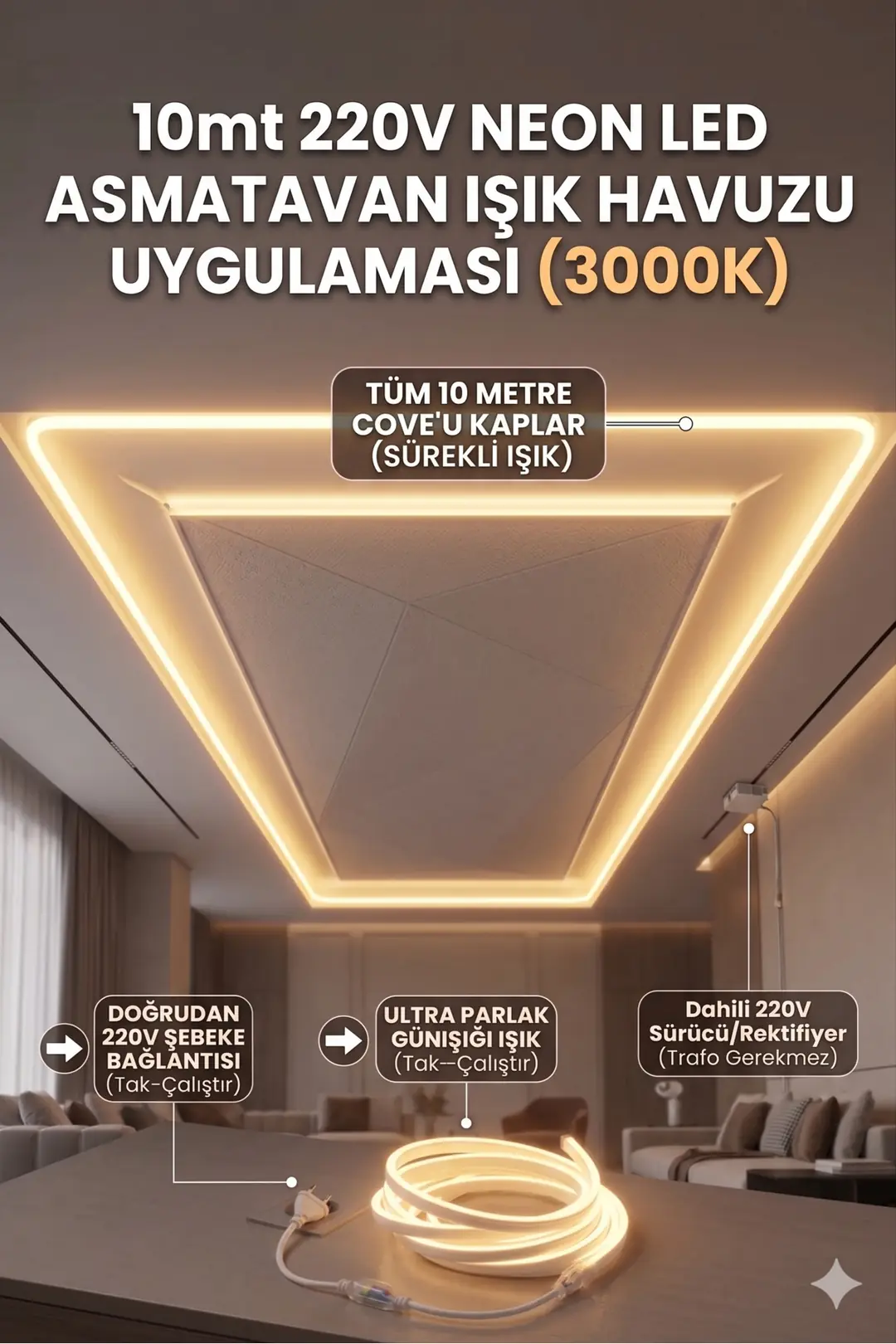 10 Metre 220V Neon LED Şerit Günışığı (3000K) - Tak Çalıştır Set - Fişli Trafo Gerektirmez Esnek LED