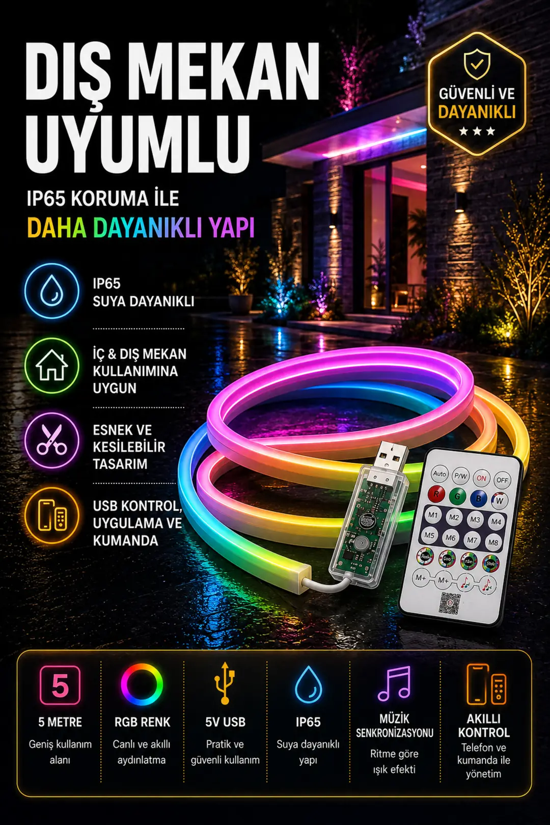 5 Metre RGB Pixel Neon LED Seti – Uygulama ve Kumanda Kontrollü, Müzik Senkronizasyonlu, 5V USB, IP65