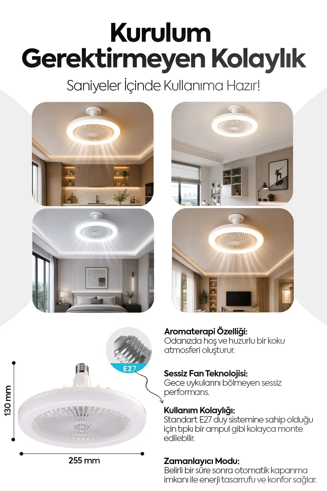 Pervaneli 3 Kademeli Led Lambalı Fan Tavan Vantilatörü Işık Ve Hız Ayarı Kumandalı Tavan Fan