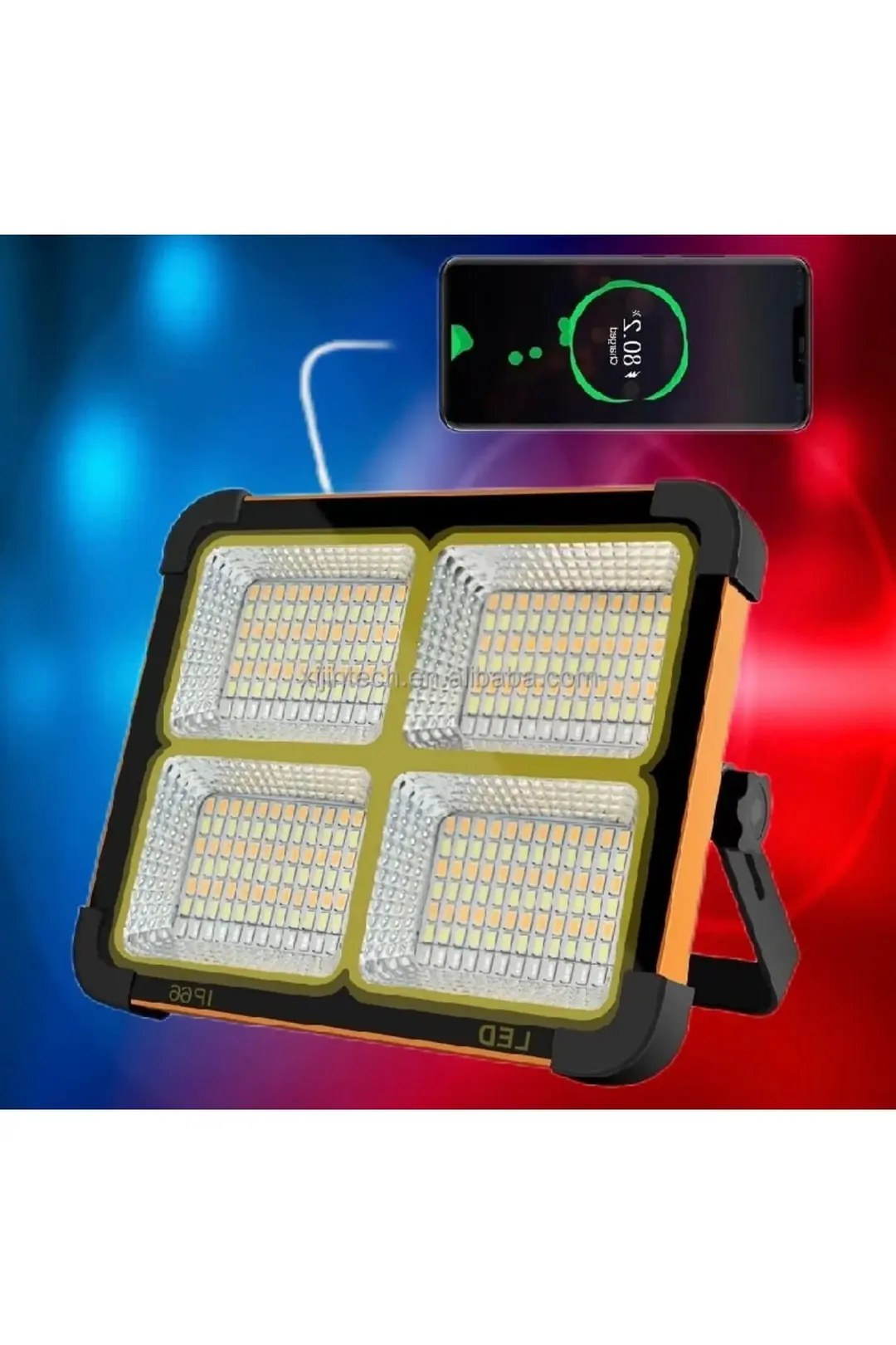 Güneş Enerjili Solar 200w Watt Led Projektör Taşınabilir Sarı Beyaz Ve Çakar Işık Lamba Ip44
