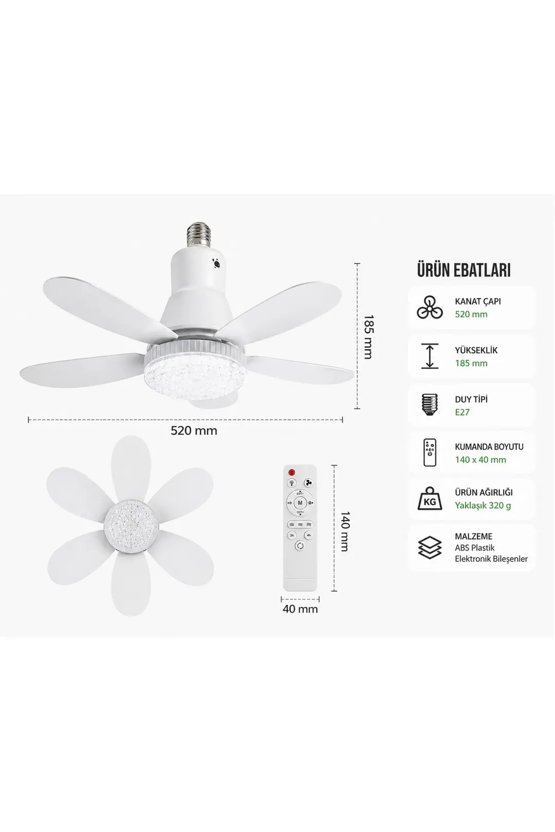 K2 40 WATT3 Renklil LED Lambalı Tavan Vantilatörü 6 Kanatlı Uzaktan Kumandalı Avize E27 Duylu Vantilatörlü
