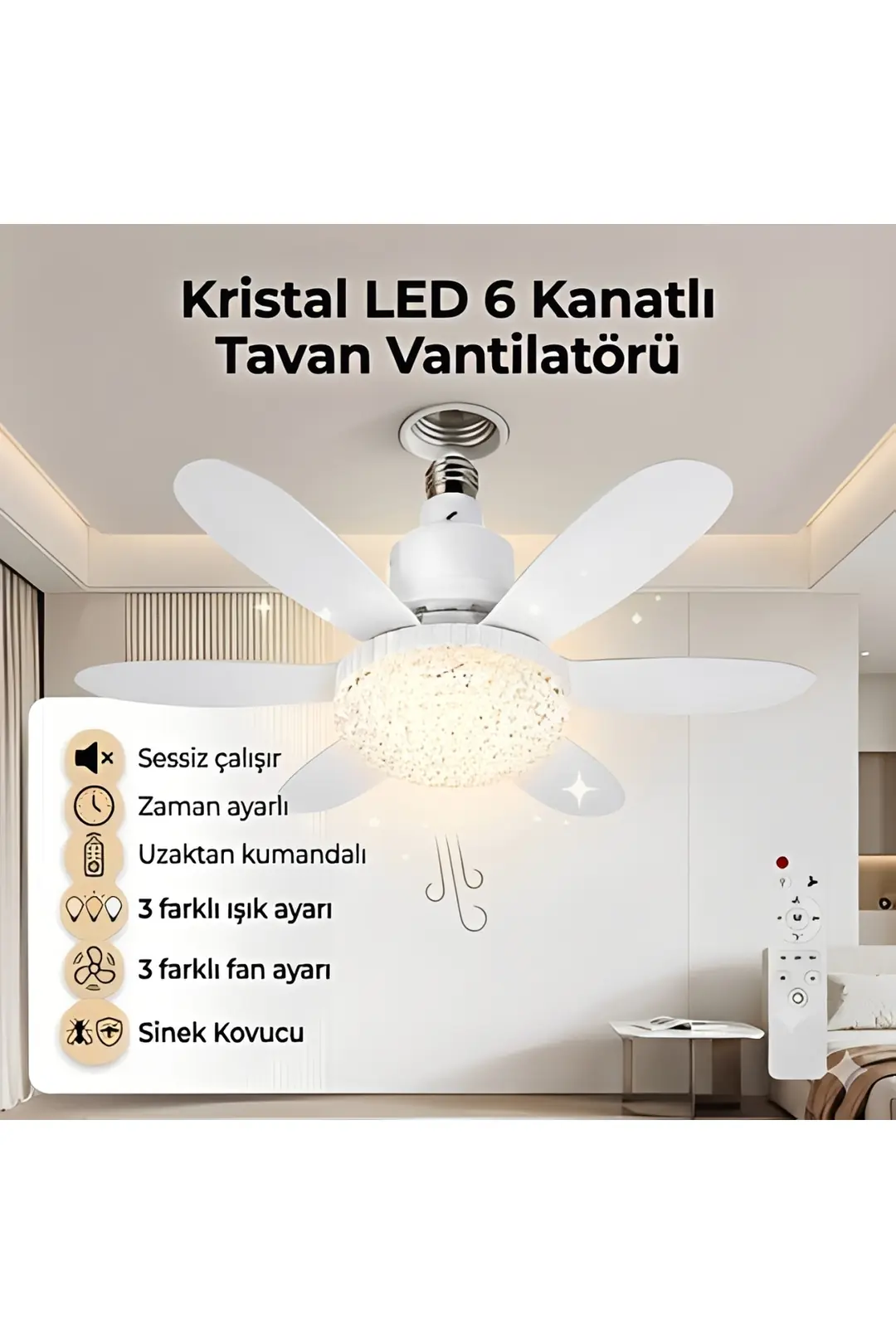 K2 40 WATT3 Renklil LED Lambalı Tavan Vantilatörü 6 Kanatlı Uzaktan Kumandalı Avize E27 Duylu Vantilatörlü