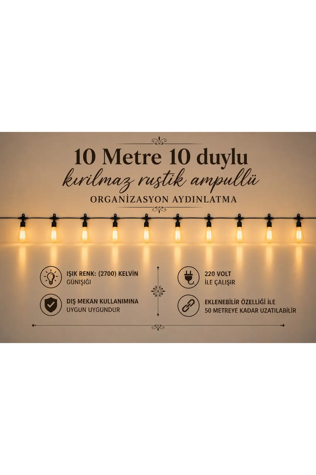 Kırılmaz Rustik Led Ampullü 10 Metre 10 Duy Organizasyon Parti Bahçe Düğün Sıralı Zincir Aydınlatma