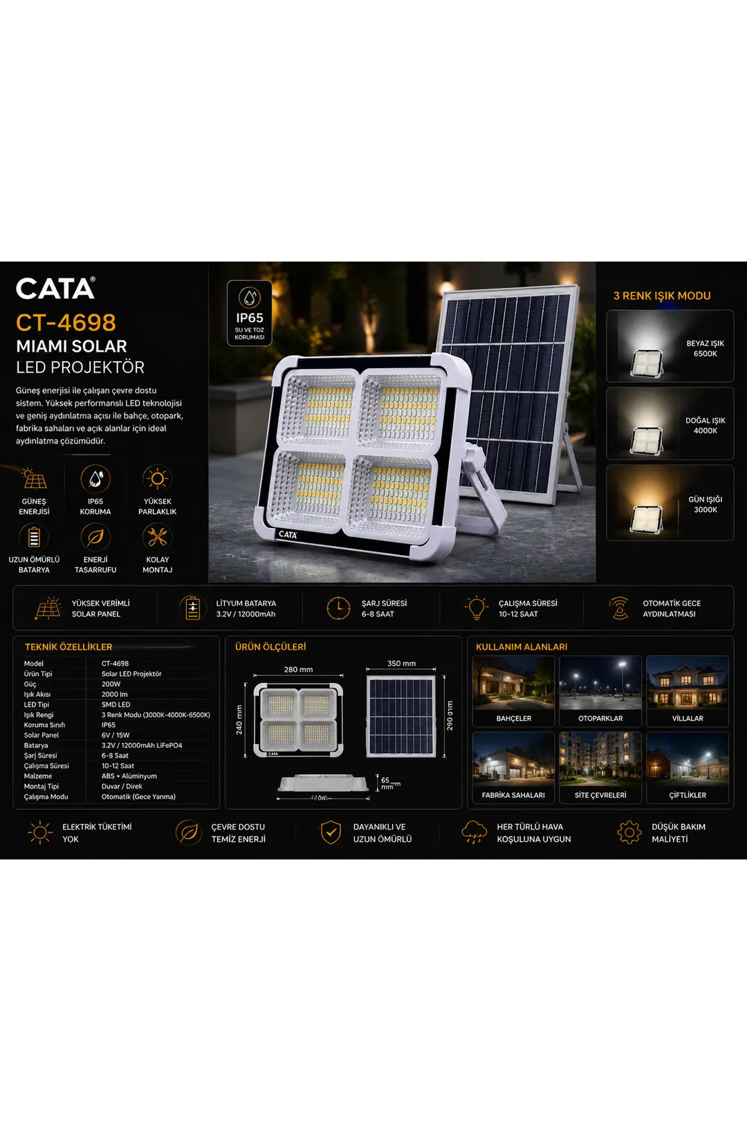 CT-4698 Miami Solar LED Projektör Güneş Enerjili IP65 Dış Mekan Aydınlatma