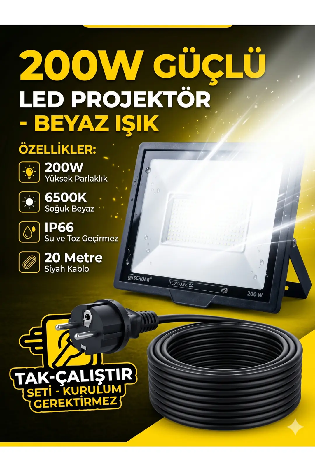 20 Mt Kablolu 200 Watt Seyyar Led Projektör Aydınlatma. Seyyar Aydınlarma Su Geçirmez Dış Mekan IP66,BEYAZ Çok güçlü Işık